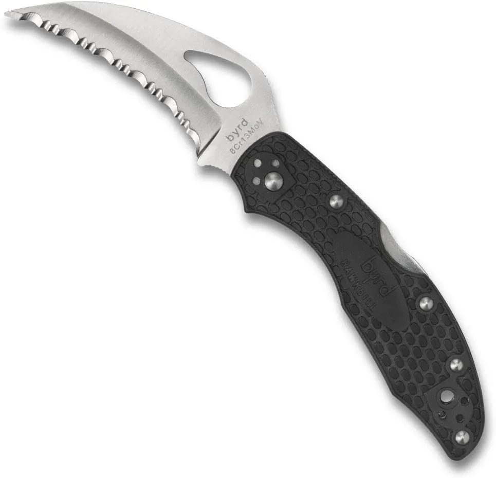 Byrd Lightweight Knife - Black FRN Handle with SpyderEdge, Hollow Grind, 8Cr13MoV Steel Hawkbill Blade - BY22SBK