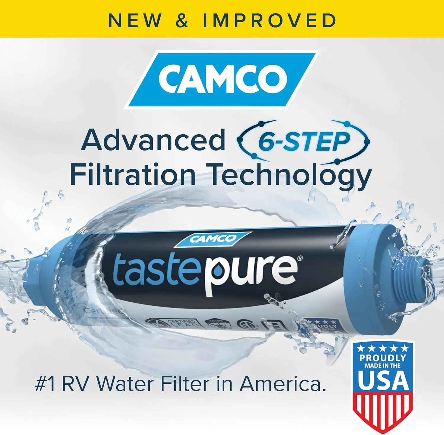 Camco TastePURE XL RV Water Filter / Camper Water Filter - Camping Essentials for Fresh Drinking Water - RV Inline Water Filter with Flexible Hose Protector –GAC & KDF Water Filter Made in USA (40019)