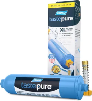 Camco TastePURE XL RV Water Filter / Camper Water Filter - Camping Essentials for Fresh Drinking Water - RV Inline Water Filter with Flexible Hose Protector –GAC & KDF Water Filter Made in USA (40019)