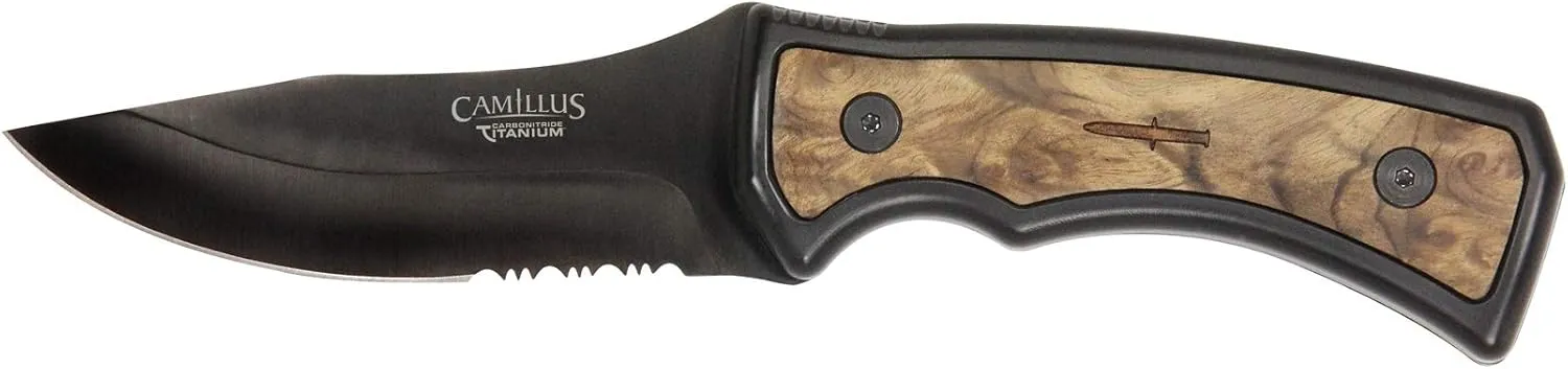 Camillus Mountaineer Carbonitride Titanium Fixed Blade Knife with Burlwood Handle Insert, Black/Burlwood, 4 inch Blade