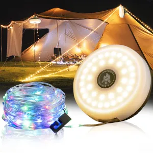 Camping String Lights, 4 in 1 Outdoor Camping Lantern with 8 Lighting Modes(32.8Ft), Quick 30s Recovery, Waterproof, Type-C Fast Charging, Portable Camping Lights for Camping/Yard/Hiking RGB White light