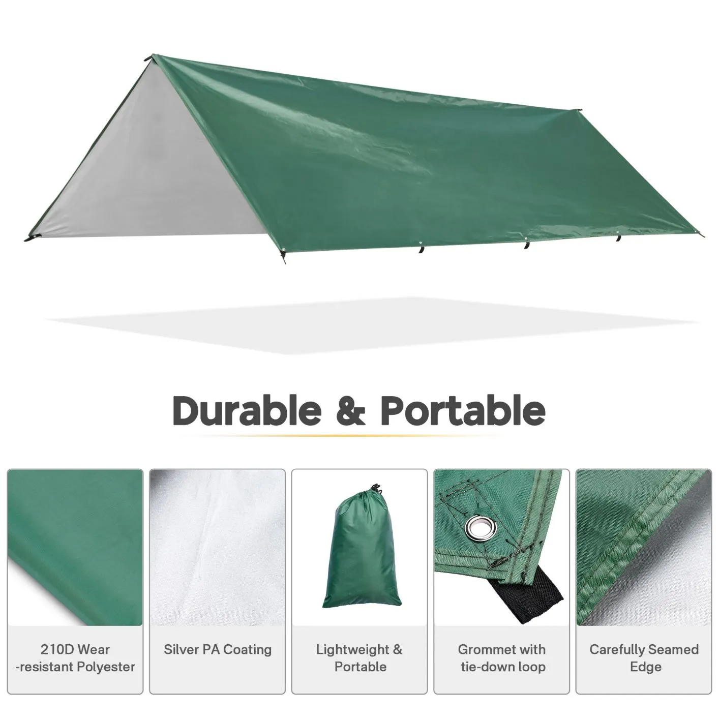 Camping Tent Tarp Hammock Rain Fly Waterproof Hiking Backpacking Shelter Green, 13Ft