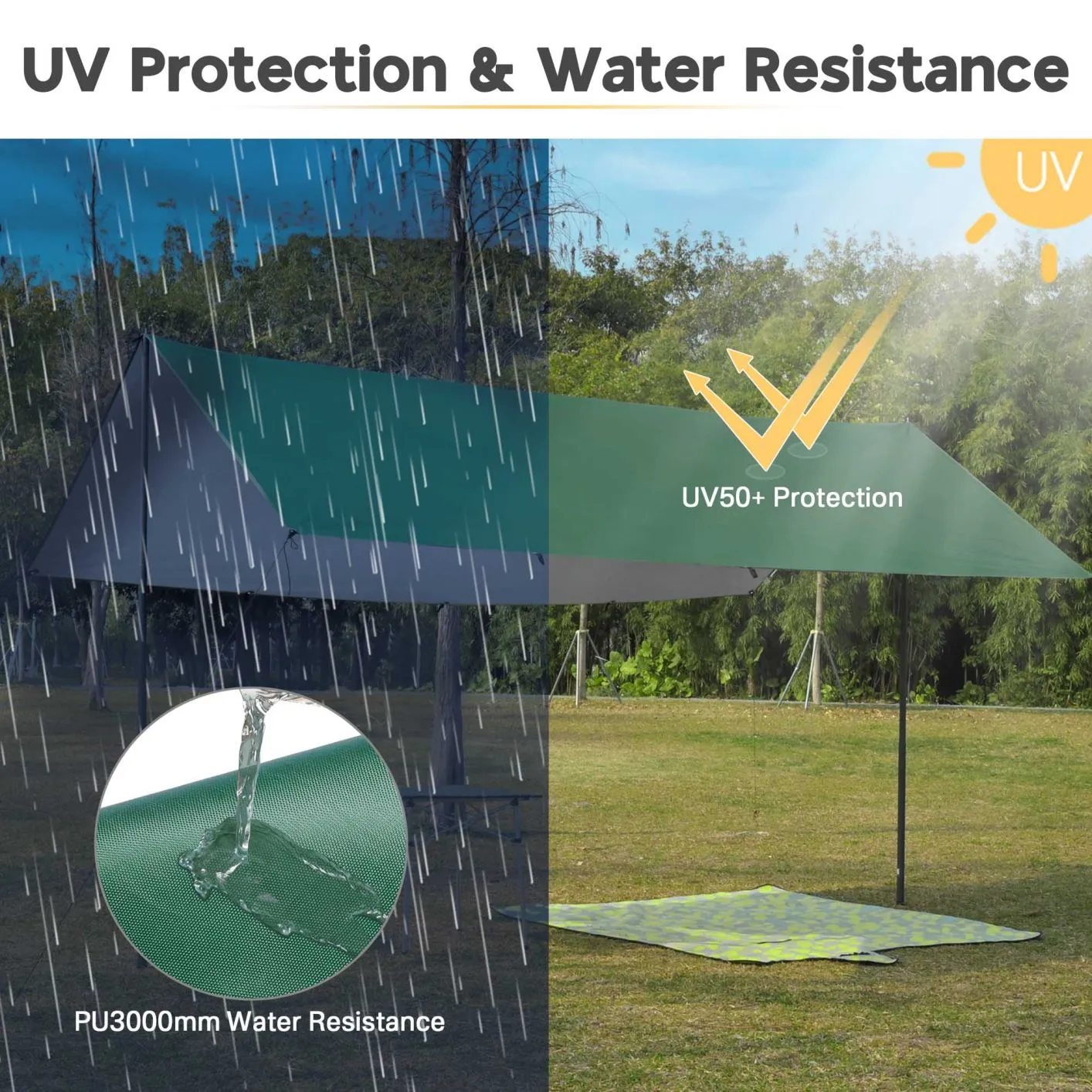 Camping Tent Tarp Hammock Rain Fly Waterproof Hiking Backpacking Shelter Green, 13Ft