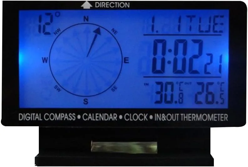 Car Digital Compass with Clock Calendar Indoor/Outdoor Temperature Display