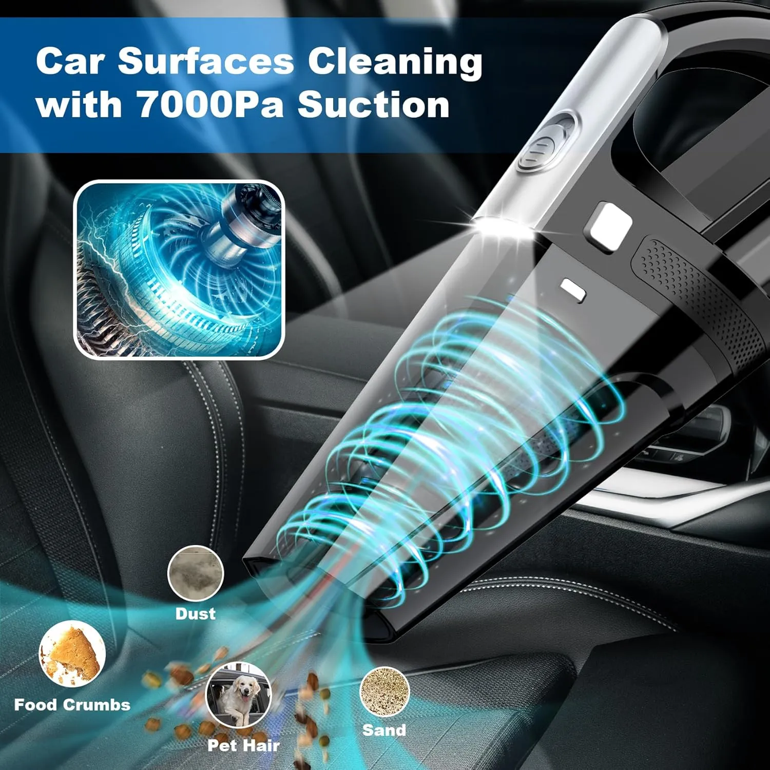 Car Vacuum, Portable Vacuum Cleaner with Powerful 7000PA Suction, DC 12V Power 16.4Ft Cord Wired Vacuum Cleaner, LED Light, Car Accessories for Men/Women