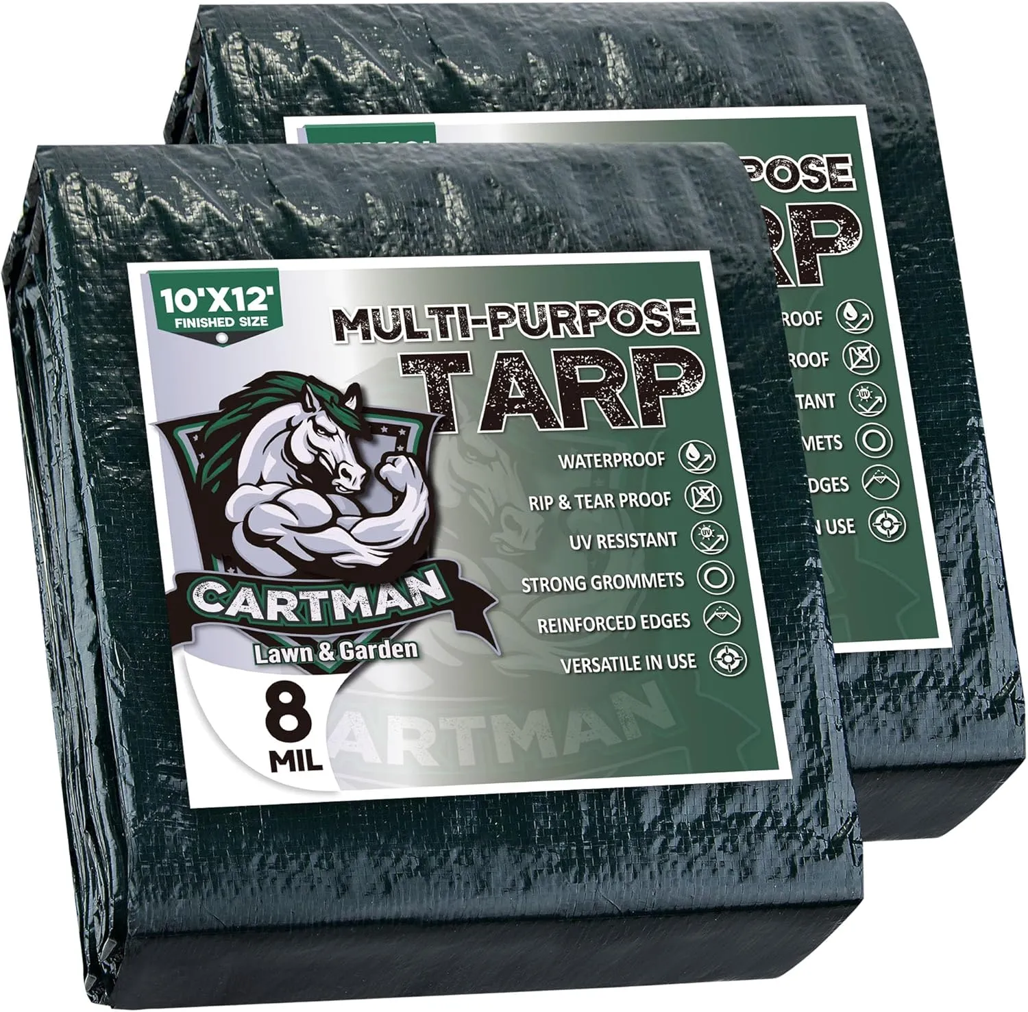 CARTMAN 2 Pack Finished Size 10x12 Feet Waterproof Green Tarp 8 Mil Thick, Multipurpose Protective Cover for Emergency Rain Shelter Camping Tarpaulin