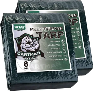 CARTMAN 2 Pack Finished Size 10x12 Feet Waterproof Green Tarp 8 Mil Thick, Multipurpose Protective Cover for Emergency Rain Shelter Camping Tarpaulin