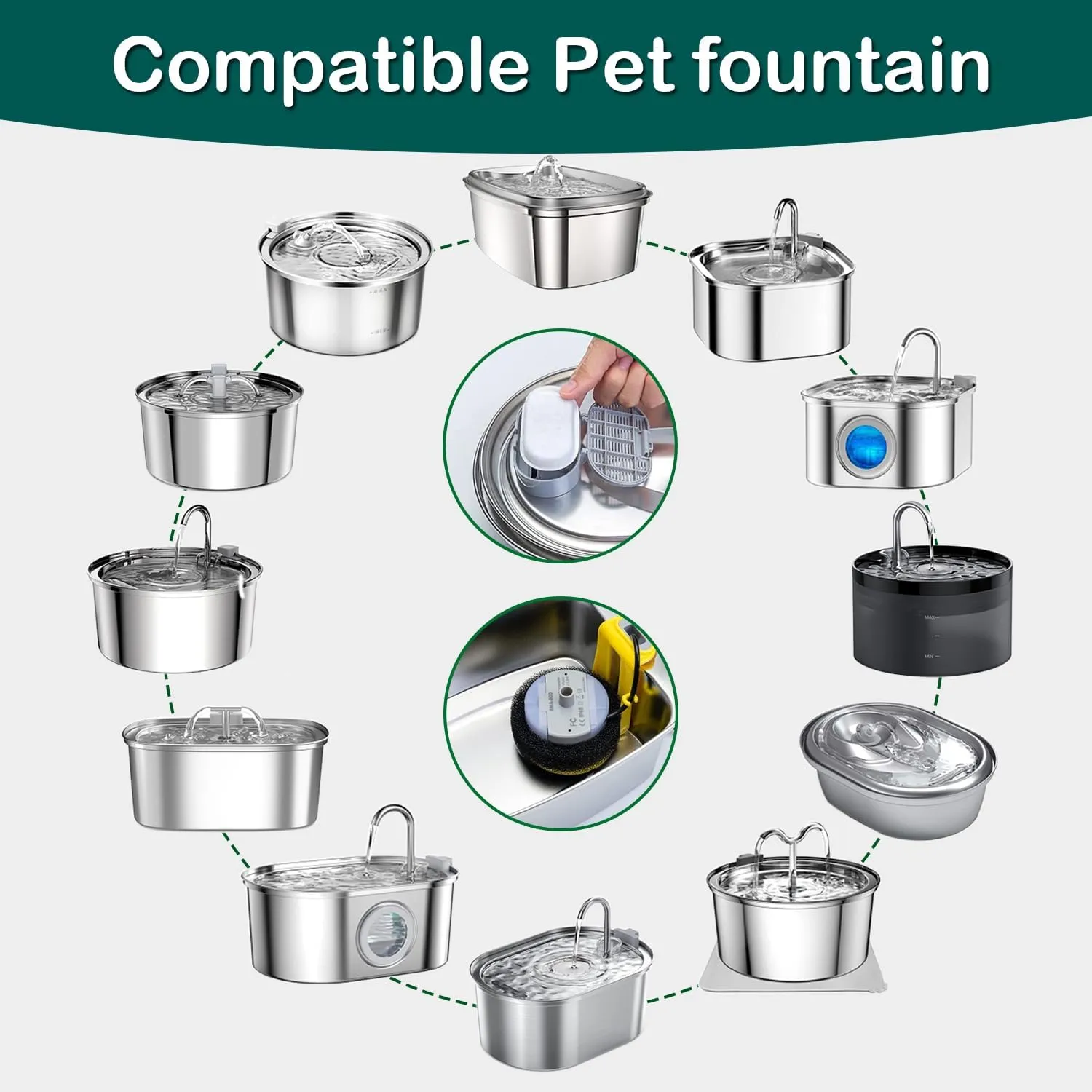 Cat Water Fountain Filters,Cat Fountain Replacement Filters for Stainless Steel 108oz/3.2L&67oz/2L Adjustable Water Flow Pet Water Fountain,Dog Water Fountain (16 16 Pack)