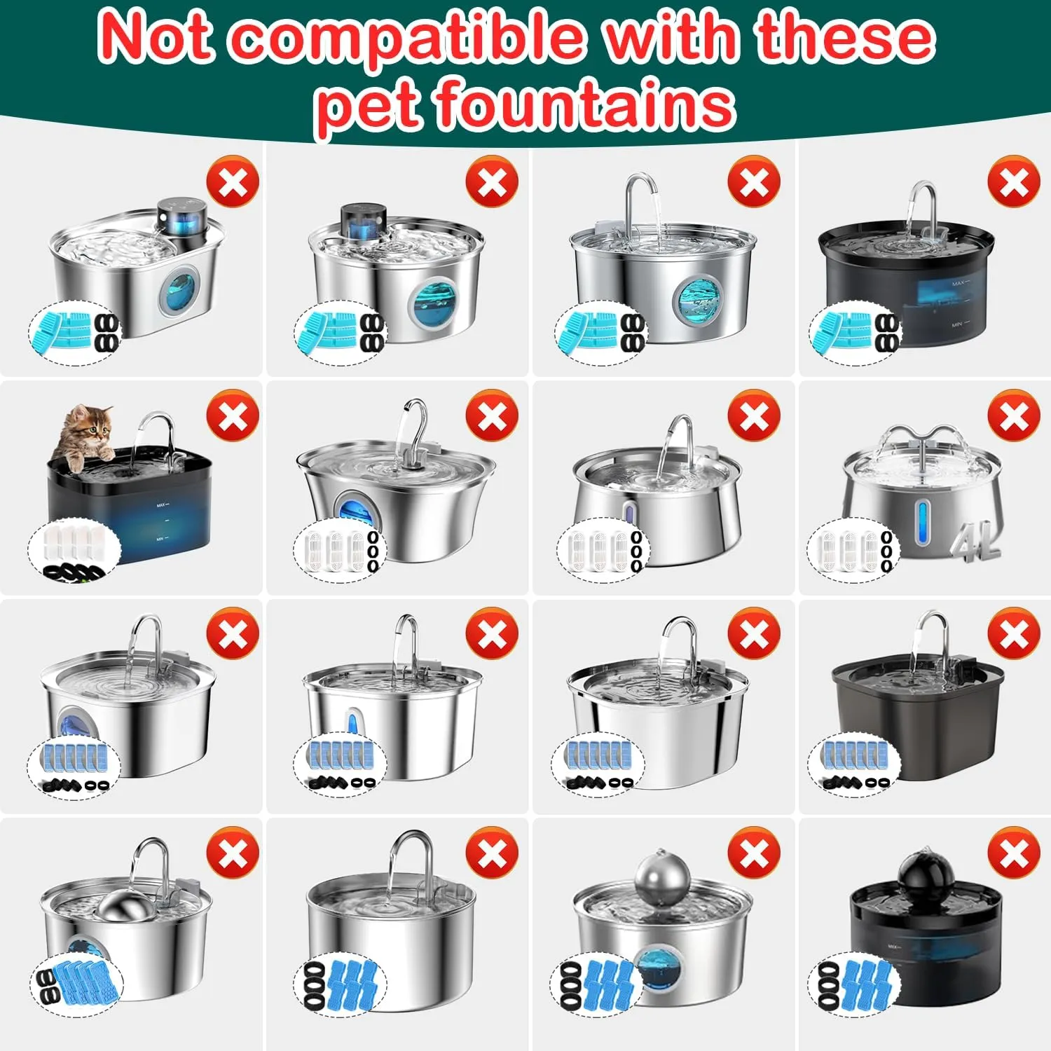Cat Water Fountain Filters,Cat Fountain Replacement Filters for Stainless Steel 108oz/3.2L&67oz/2L Adjustable Water Flow Pet Water Fountain,Dog Water Fountain (16 16 Pack)