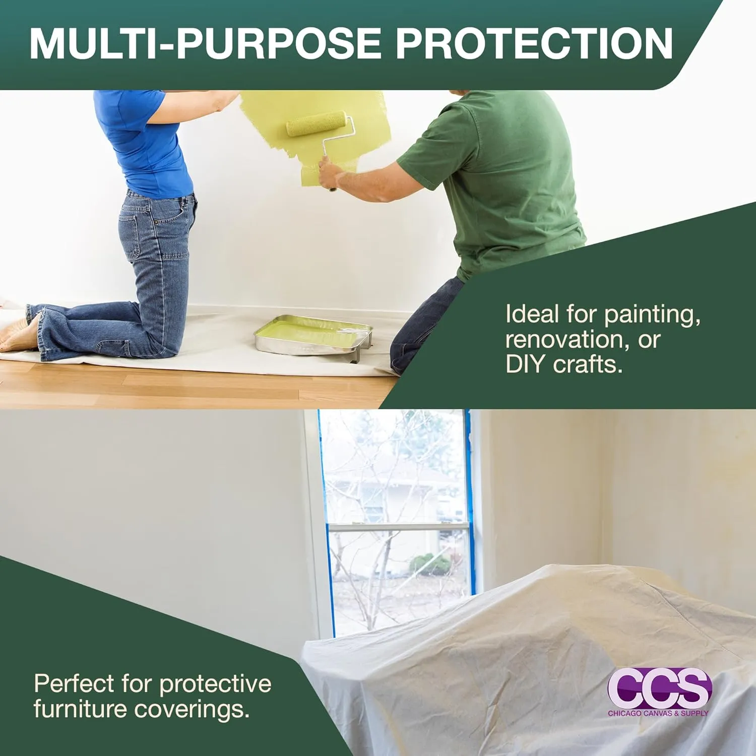 CCS Canvas Drop Cloth for Painting – All Purpose Cotton Duck Cloth Tarp for Curtains, Tablecloths, Backdrops – Washable & Reusable Floor Cover & Dust Sheet for Furniture (9x12 Ft)