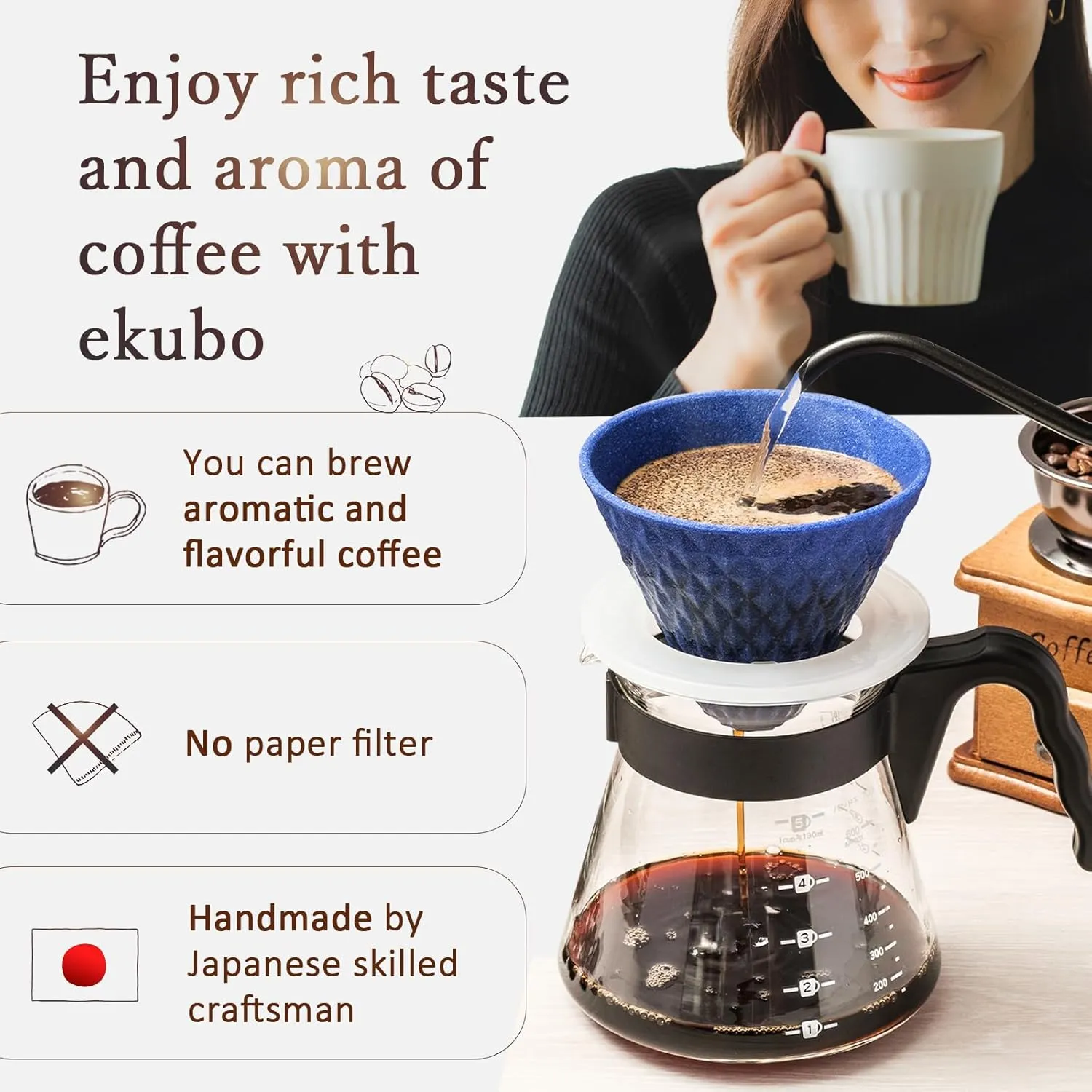 Ceramic Reusable Coffee Filter Pour Over Dripper Paperless Sustinable ekubo 1-4 Cup Made in Japan (Green)