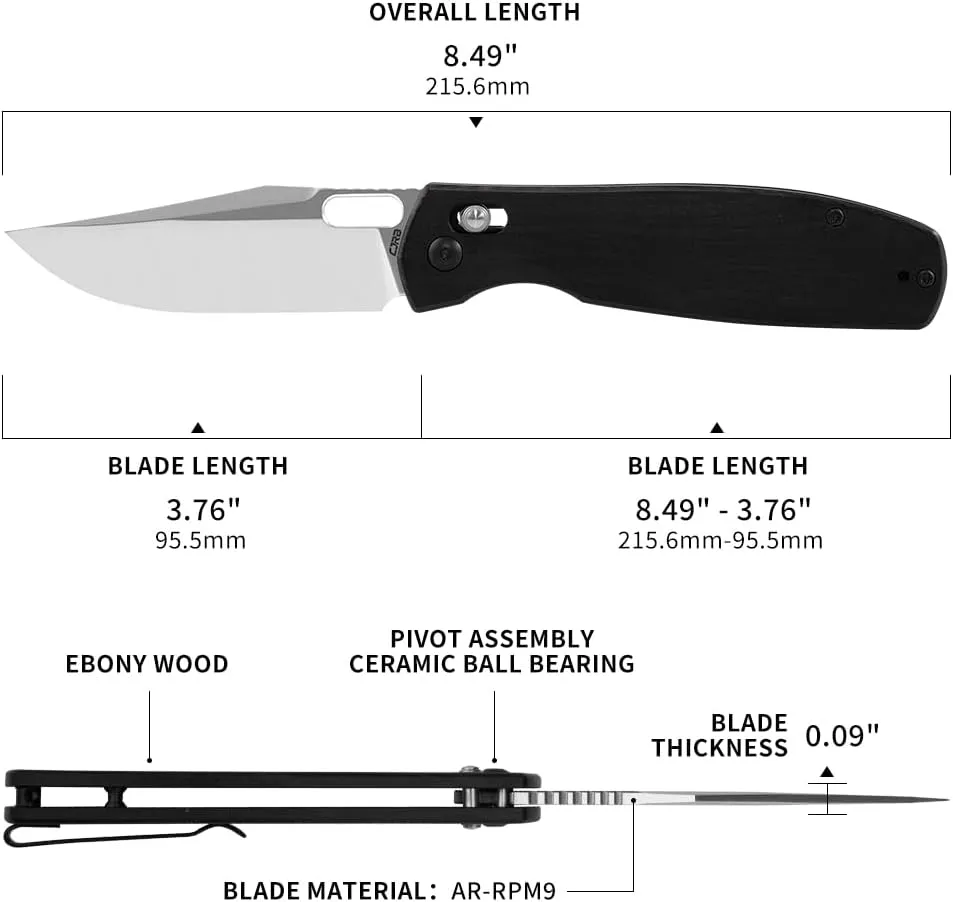CJRB Prado Folding Pocket Knife 3.76" AR-RPM9 Sand Polish Steel Blade Ebony Handle Crossbar Lock for Men Outdoor, Survival, Camping and EDC, Ebony