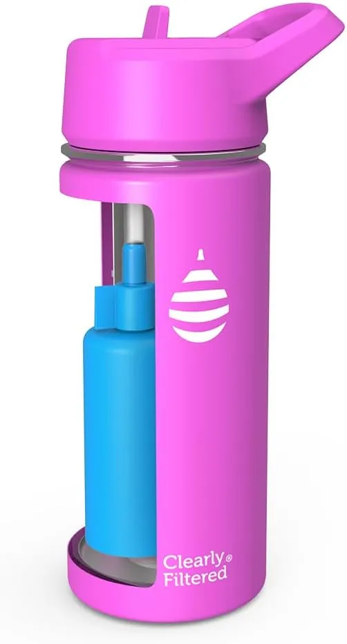 Clearly Filtered Water Bottle | Removes 220  Contaminants, Double-Wall Insulated Stainless Steel, BPA/BPS Free, Phthalate Free, Filters Flouride Lead Chlorine (16oz, Purple Dino)