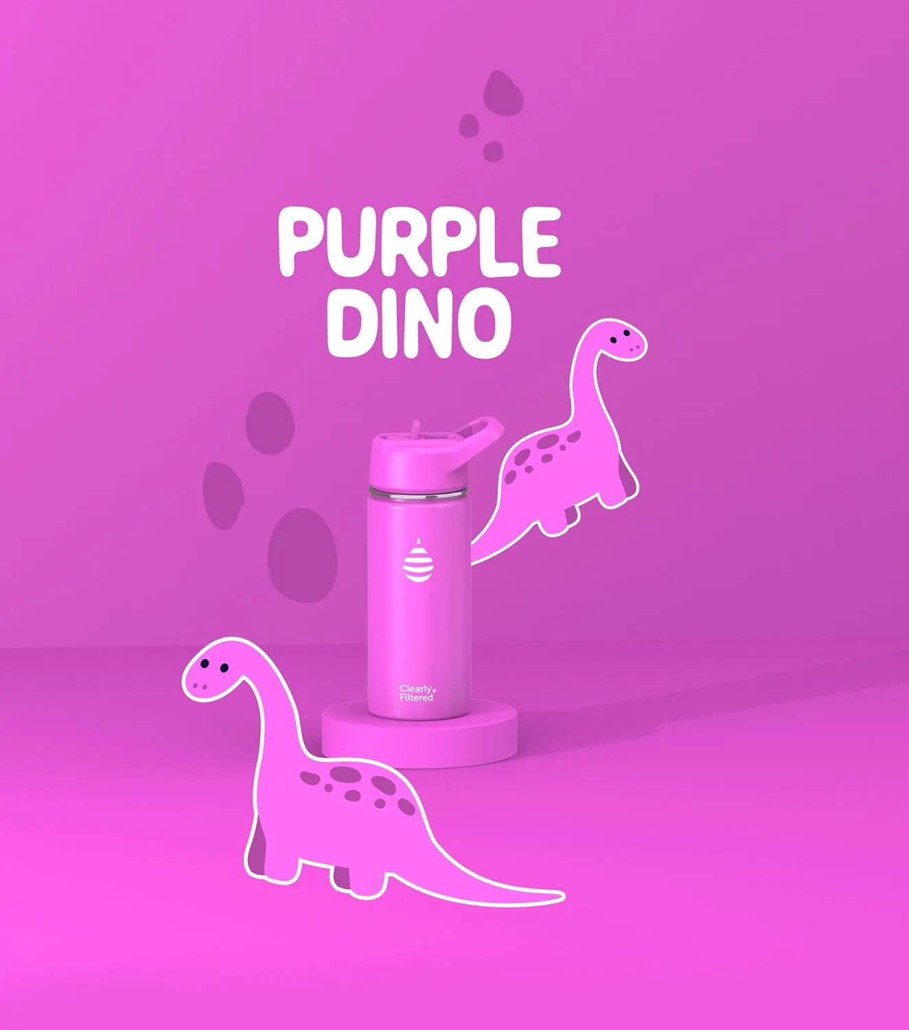 Clearly Filtered Water Bottle | Removes 220  Contaminants, Double-Wall Insulated Stainless Steel, BPA/BPS Free, Phthalate Free, Filters Flouride Lead Chlorine (16oz, Purple Dino)