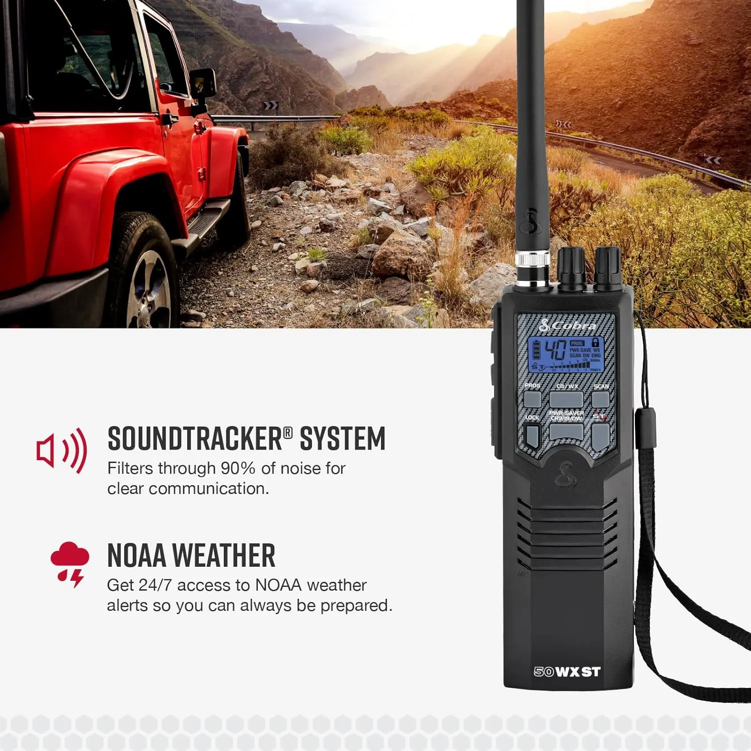 Cobra HH50WXST Handheld CB Radio - Emergency Radio with Access to Full 40 Channels and NOAA Alerts, Earphone Jack, 4 Watt Power Output, Noise Reduction and Dual Channel Monitoring, Black