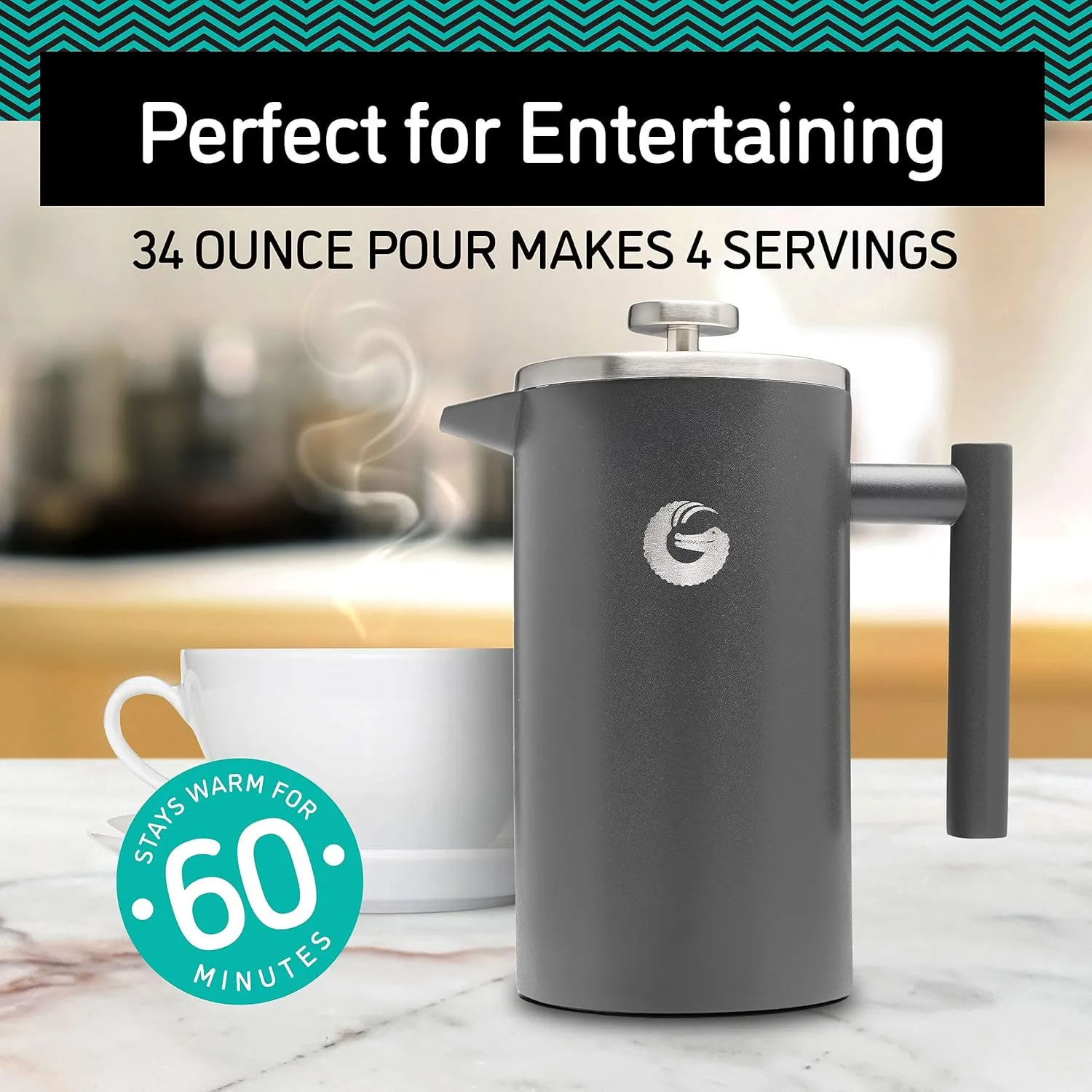 Coffee Gator French Press Coffee Maker 34oz, Double Insulated Stainless Steel Brewer plus Travel Jar Canister, Portable Hot Cold Brew Tea for Coffee Bar Accessories Kitchen Camping, Orange