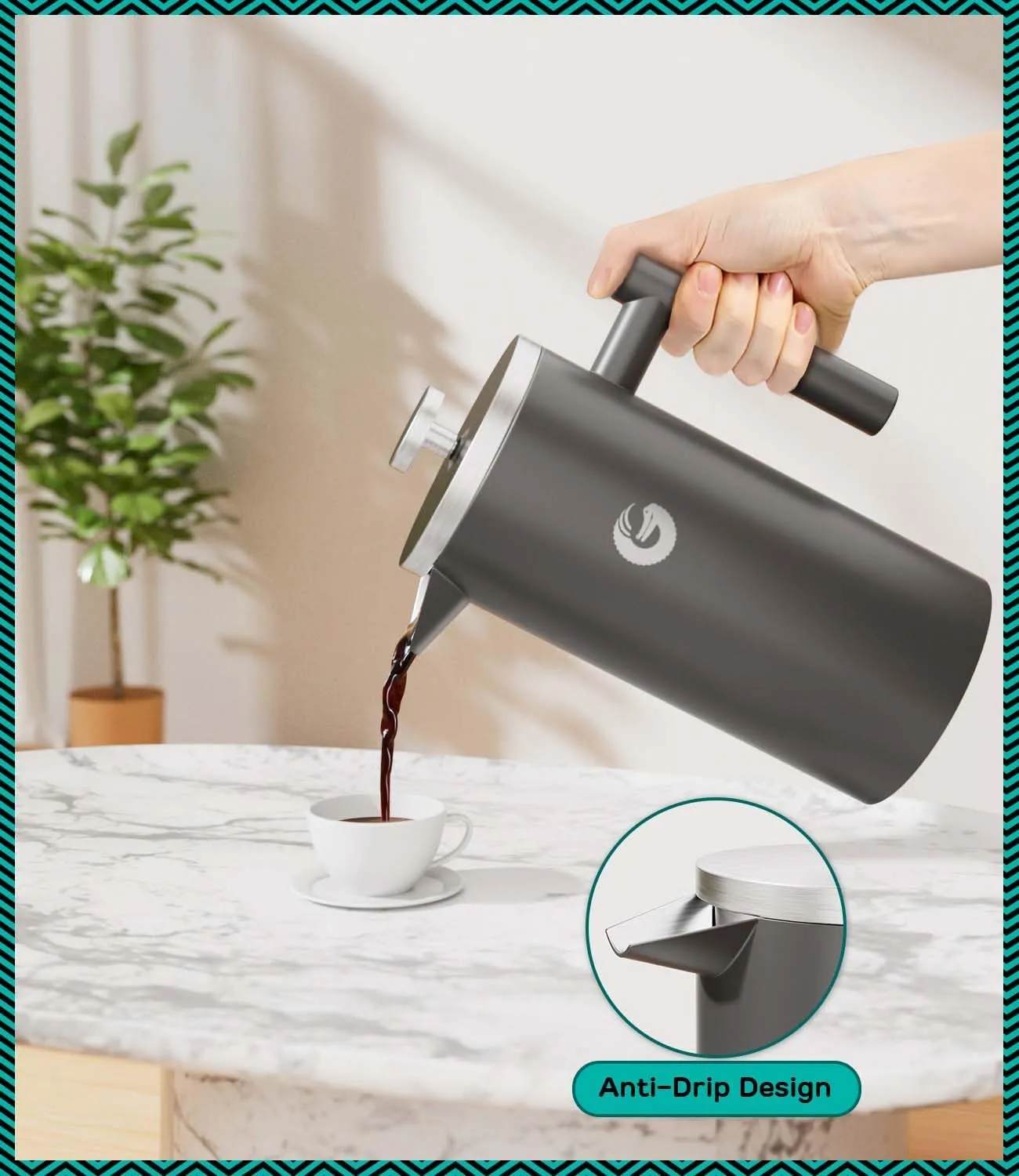 Coffee Gator French Press Coffee Maker - 34oz Double Insulated Stainless Steel Brewer plus Travel Jar Canister, Portable Hot Cold Brew Teapot Cafetera for Coffee Bar Accessories Kitchen Camping, Gray