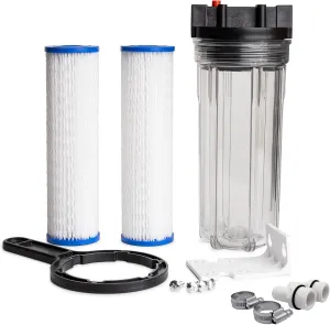 Cold Plunge Water Filter - 10" Filter Housing with 3/4 inch FPT Ports, 2x 50 Micron Filters & Build Guide - Suitable for Ice Baths and Whole Home Filtration - Incl. Mounting Kit & Housing Wrench