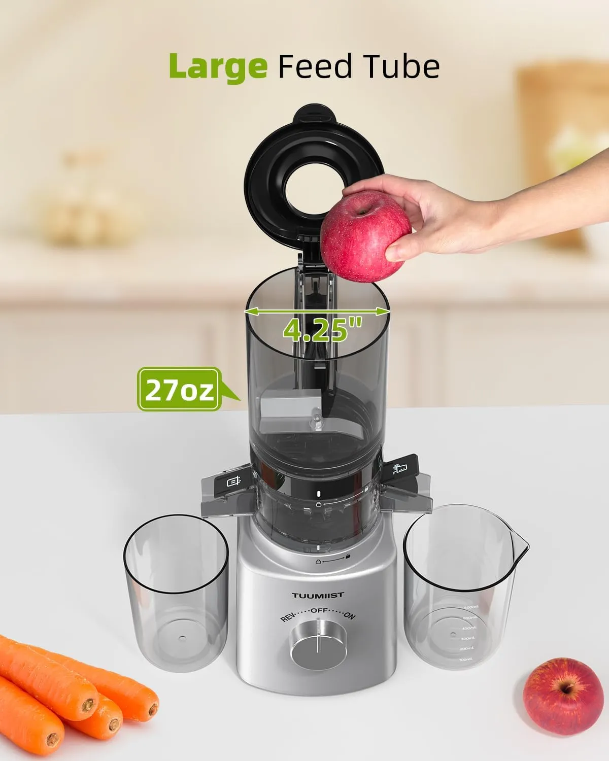 Cold Press Juicer with 8 Juice Bottles - Masticating Juicer Machines for Fruits and Veggies, 4.25" Large Feed Chute, Easy to Clean,Silvery