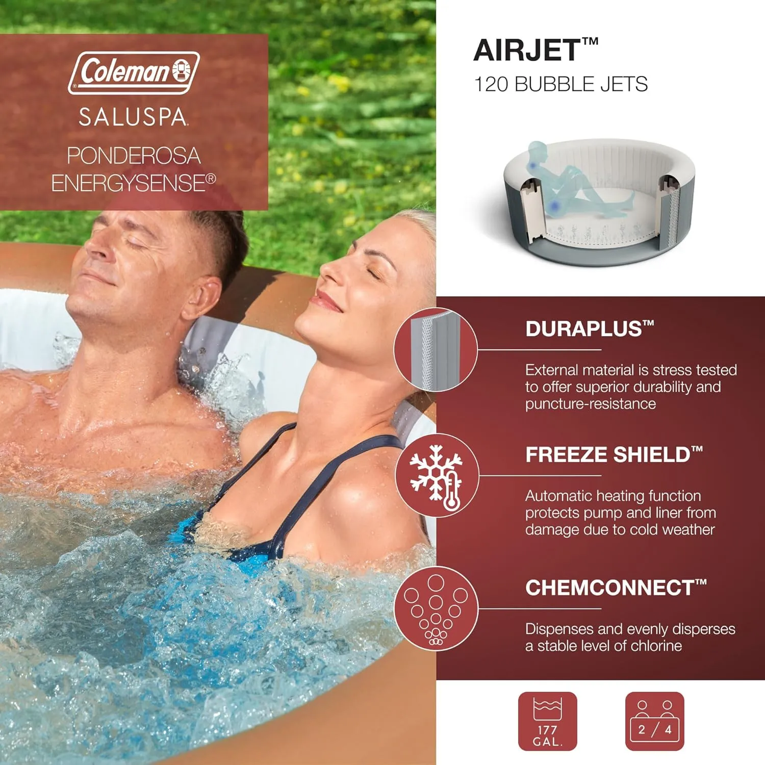 Coleman Ponderosa AirJet 2 to 4 Person Inflatable Hot Tub Round Portable Outdoor Spa w/ 120 AirJets & EnergySense Energy Saving Cover, Orange