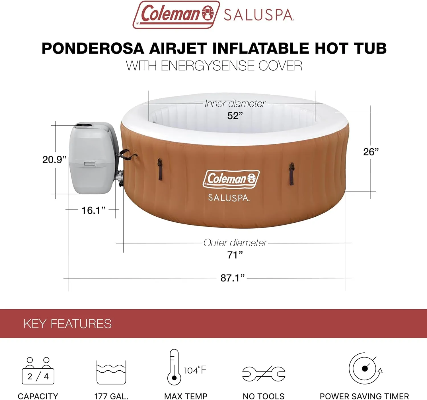 Coleman Ponderosa AirJet 2 to 4 Person Inflatable Hot Tub Round Portable Outdoor Spa w/ 120 AirJets & EnergySense Energy Saving Cover, Orange