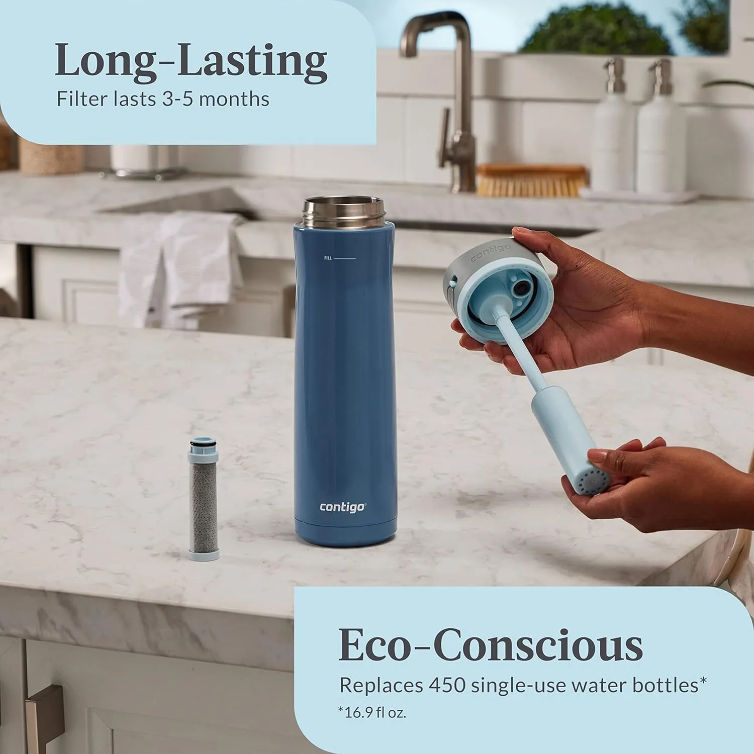Contigo Wells Chill Stainless Steel Filter Water Bottle with AUTOSPOUT Straw Lid, 24 Oz., Dark Ice