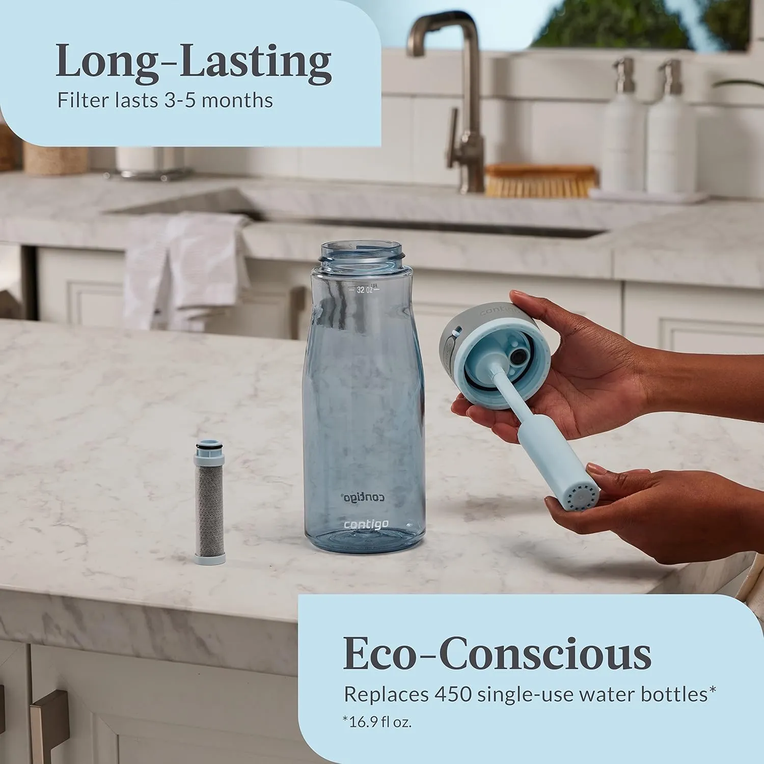 Contigo Wells Plastic Filter Water Bottle with Leak-Proof Straw Lid, Reusable 32oz Water Bottle with Carbon Fiber Filter for Travel, Everyday Use and Gifting, Dark Ice