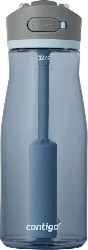 Contigo Wells Plastic Filter Water Bottle with Leak-Proof Straw Lid, Reusable 32oz Water Bottle with Carbon Fiber Filter for Travel, Everyday Use and Gifting, Dark Ice