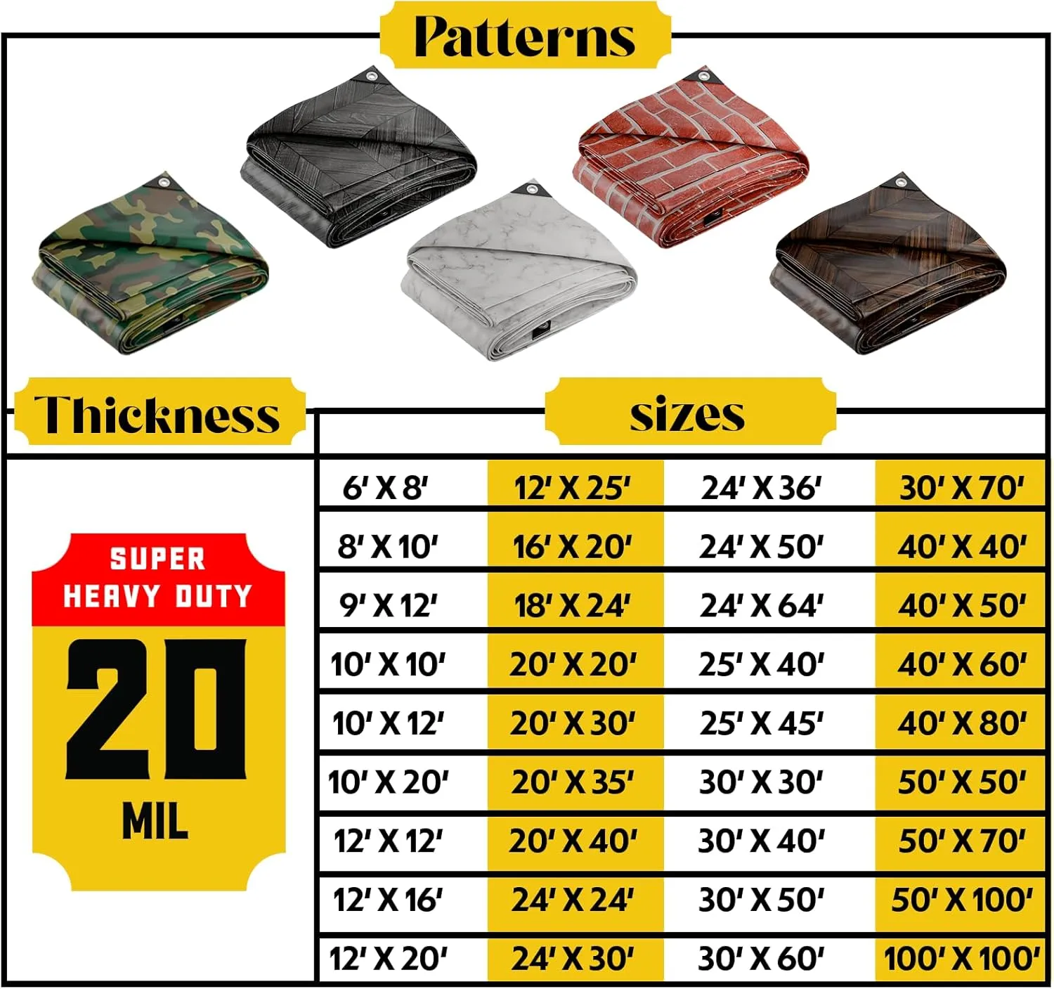 Core Tarps Extreme Heavy Duty 20 Mil Tarp Cover, Waterproof, UV Resistant, Rip and Tear Proof, Poly Tarpaulin with Reinforced Edges for Roof, Camping, Patio, Pool, Boat (Bricks/Black 6′ X 8′)