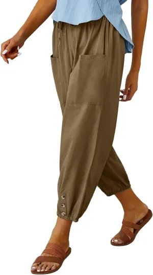 Cotton Casual Capri for Women Elastic High Waisted Loose Lantern Tapered Harem Pants with Pockets