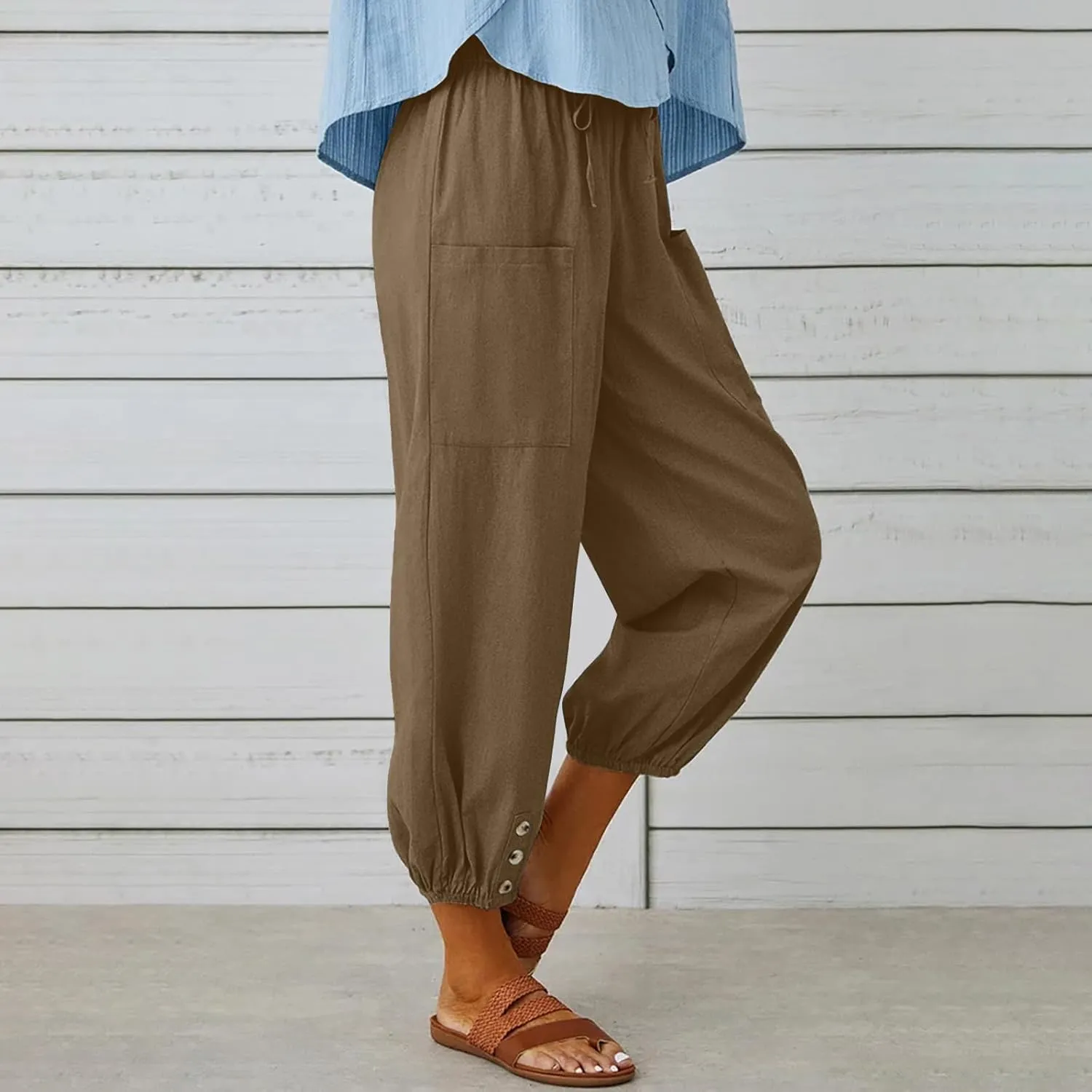 Cotton Casual Capri for Women Elastic High Waisted Loose Lantern Tapered Harem Pants with Pockets