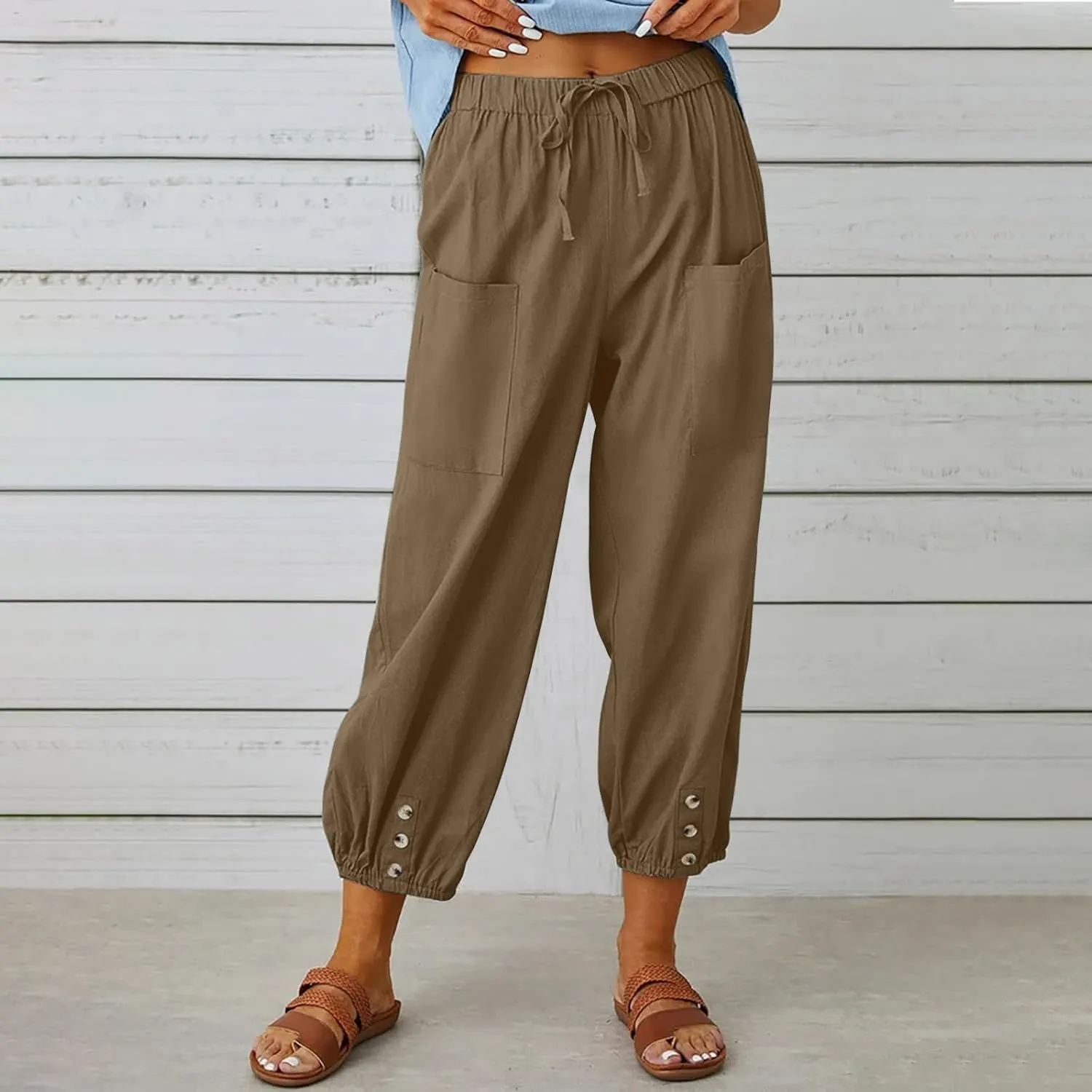 Cotton Casual Capri for Women Elastic High Waisted Loose Lantern Tapered Harem Pants with Pockets