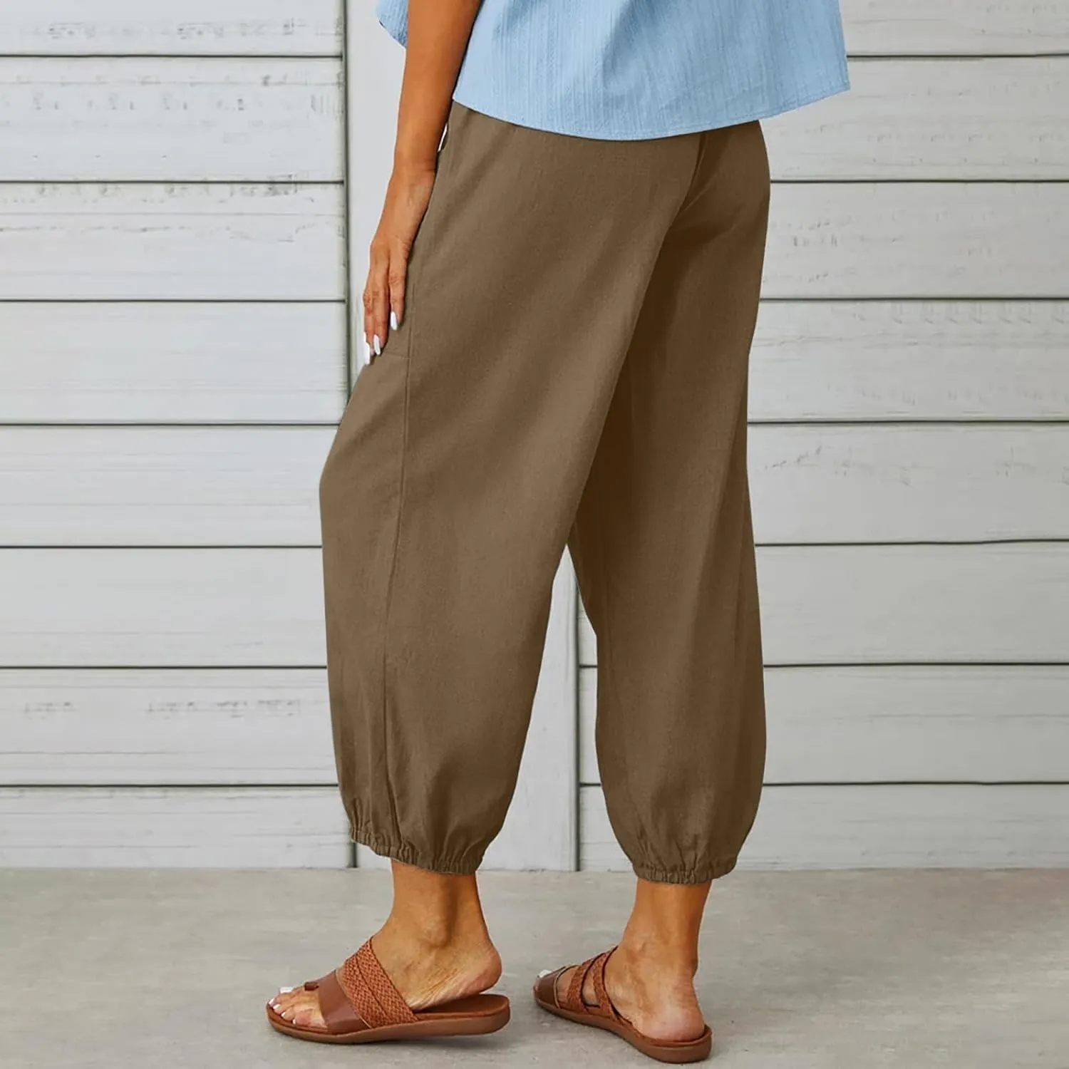 Cotton Casual Capri for Women Elastic High Waisted Loose Lantern Tapered Harem Pants with Pockets