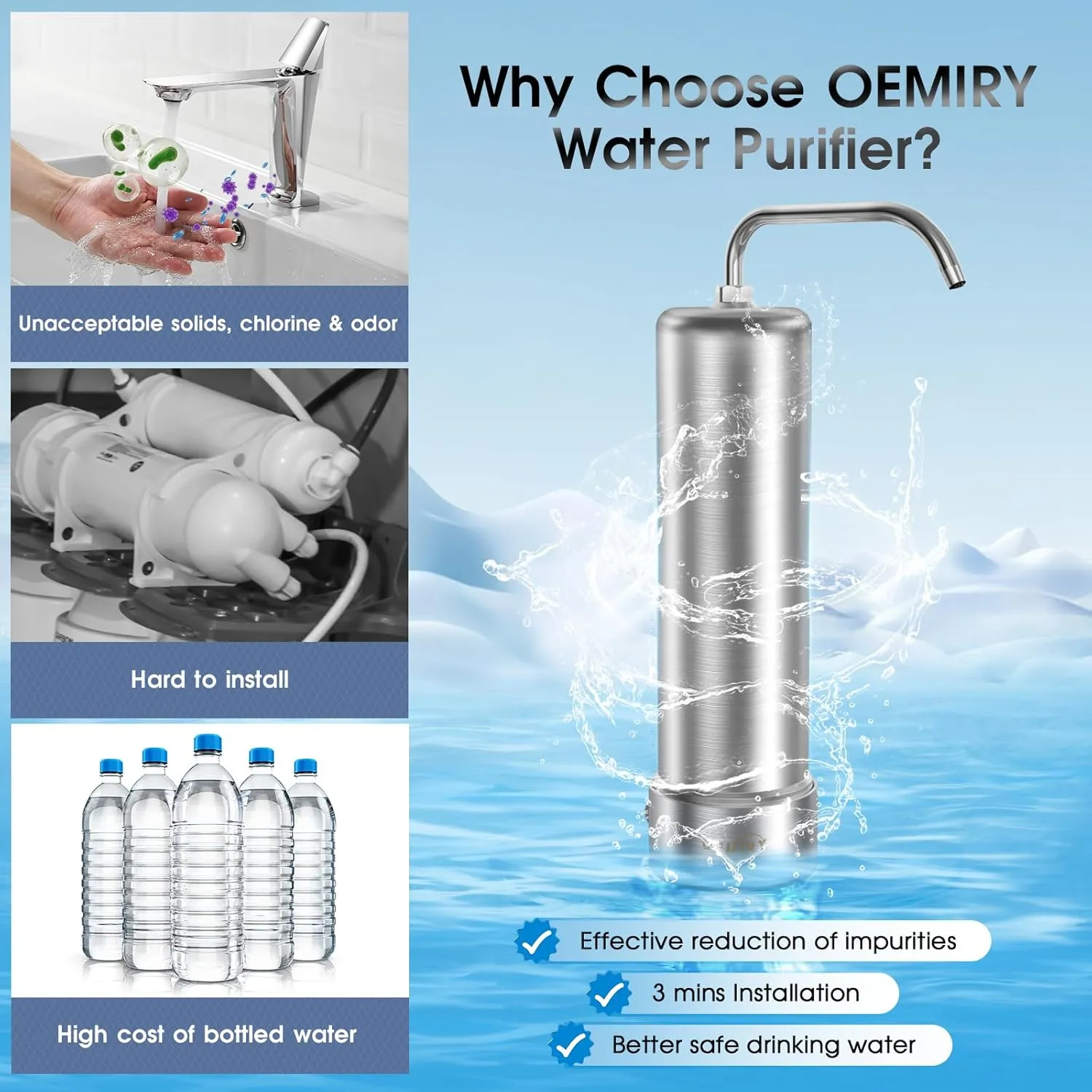 Countertop Water Filter System,Stainless Steel 8000 Gallons Faucet Water Filter, Reduces 99.99% Lead, Chlorine, Heavy Metals, Bad Taste & Odor CF01 (1 Filter)