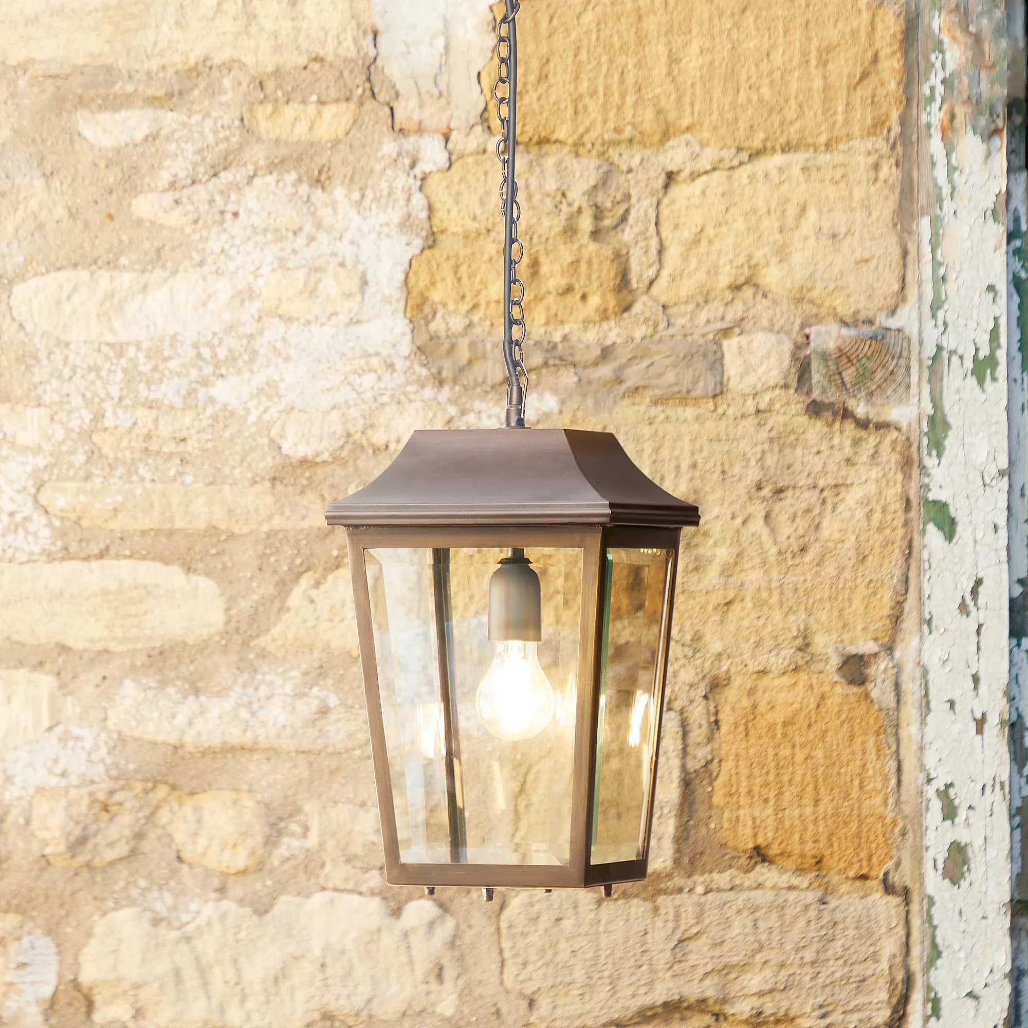 Crail IP44 exterior hanging lantern in bronze