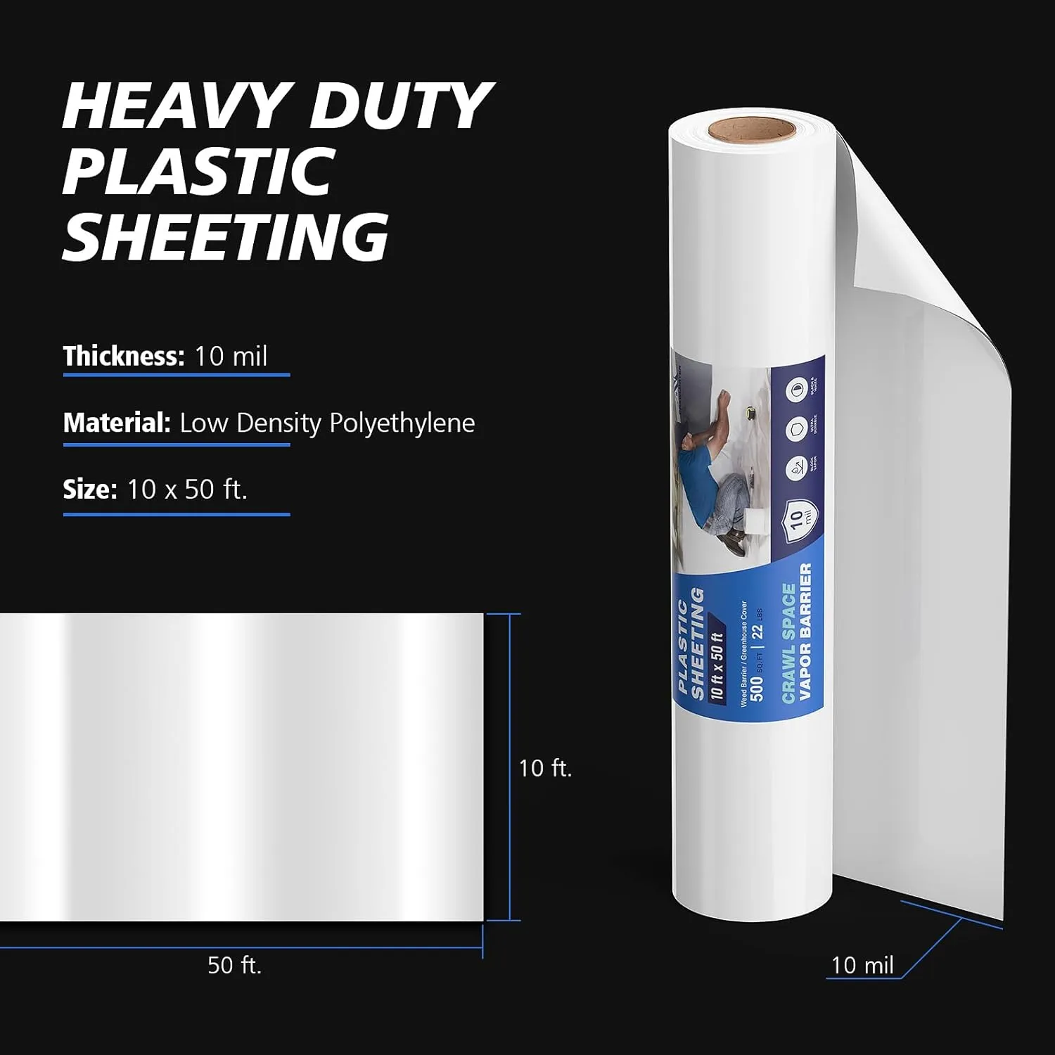 Crawl Space Vapor Barrier - 10 mil (10' x 50'), Thick Plastic sheeting, Drop Cloth Moisture Barrier Covering for Crawl Space Encapsulation, Heavy Duty Polyethylene Film, Black and White Panda Film