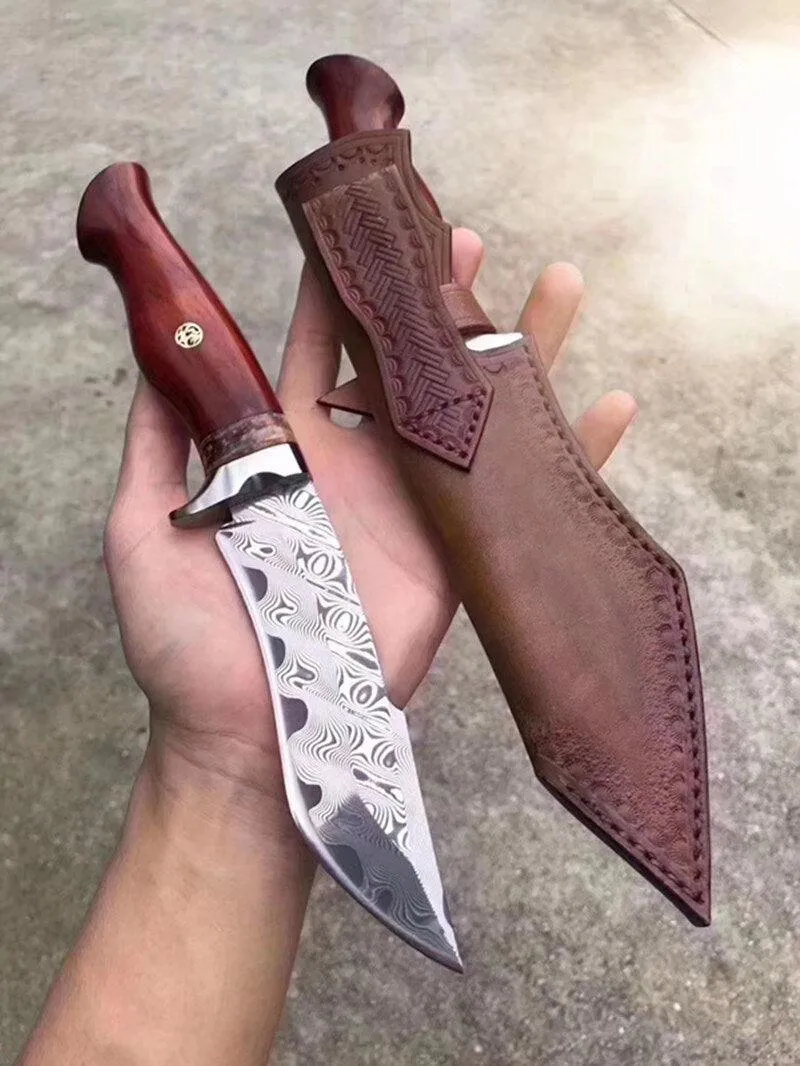 Crimson Wave Damascus Steel Outdoor Knife