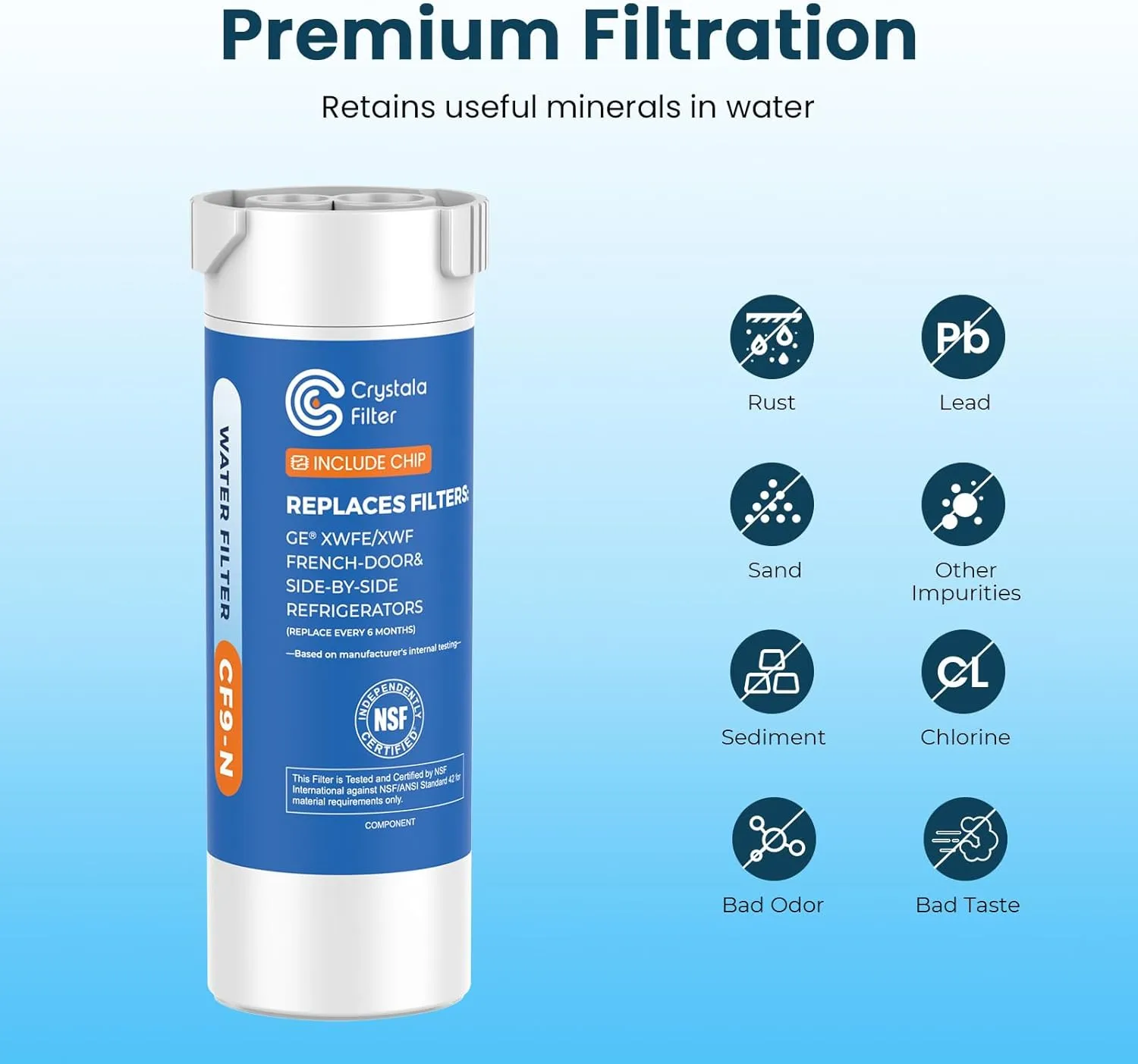 Crystala Filters Water Filter Compatible with XWFE (Built-in CHIP), Replacement for GE XWFE, XWF Refrigerator Water Filter Pack of 1