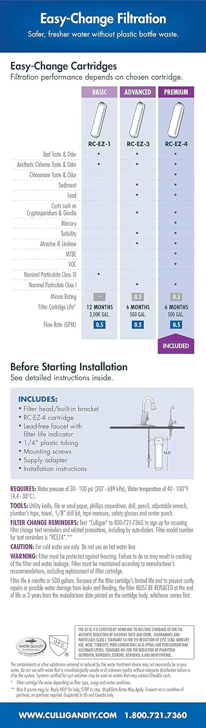 Culligan US Change Sink Drinking Water System with Dedicated Faucet and Premium Filter, EZ-4 (Best Filtration), Chrome