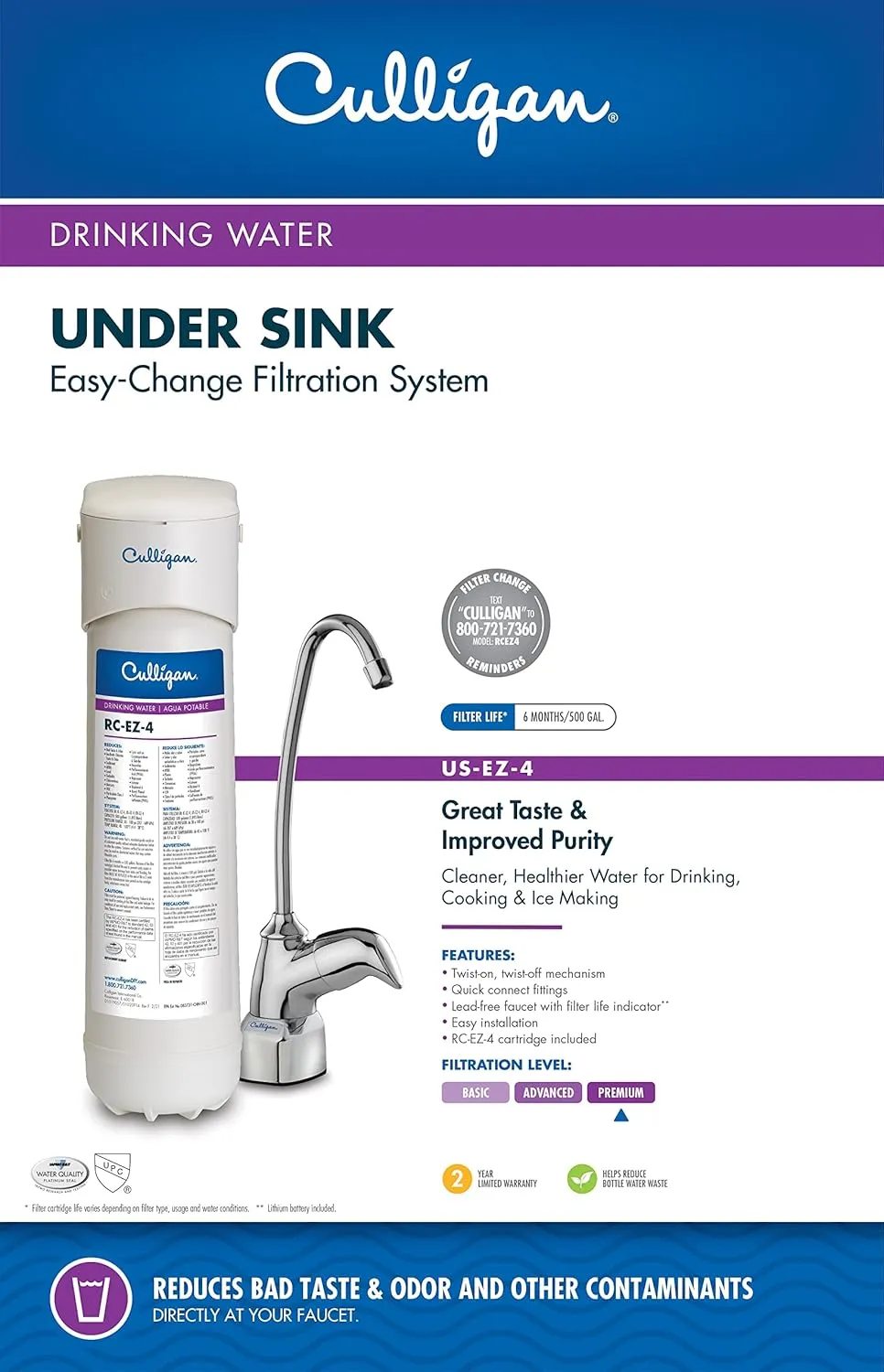 Culligan US Change Sink Drinking Water System with Dedicated Faucet and Premium Filter, EZ-4 (Best Filtration), Chrome