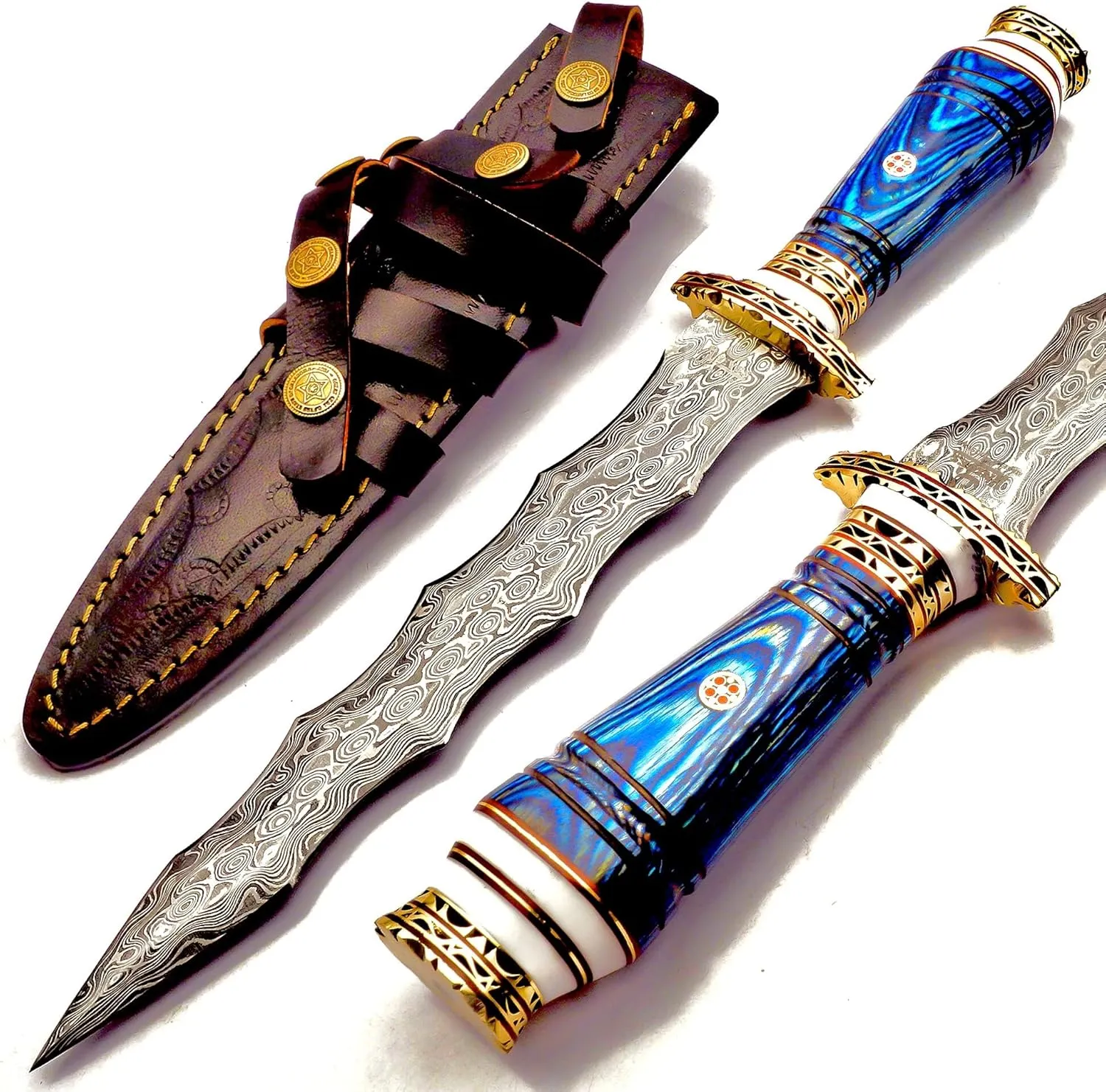 custom Hand Made Damascus Steel Collectible wavy dagger Knife (blue)