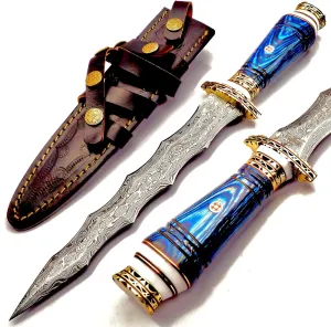 custom Hand Made Damascus Steel Collectible wavy dagger Knife (blue)