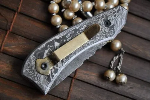 Custom made All Damascus Pocket Knife Damascus handle - By Koobi - For C amping and Bushcraft