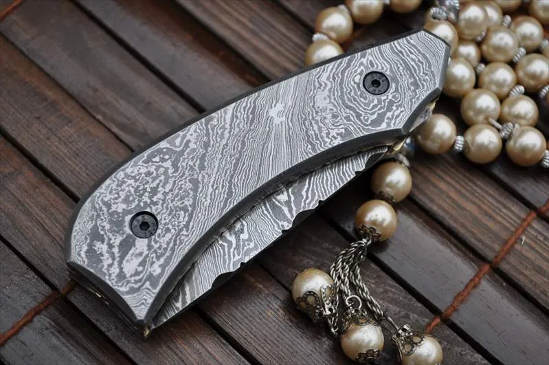 Custom made All Damascus Pocket Knife Damascus handle - By Koobi - For C amping and Bushcraft