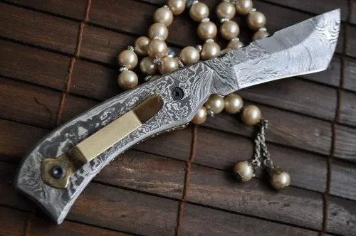 Custom made All Damascus Pocket Knife Damascus handle - By Koobi - For C amping and Bushcraft