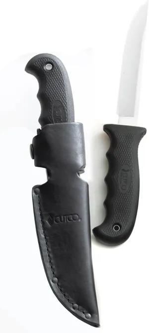 CUTCO Model 5718 Black Drop Point STRAIGHT EDGE Knife ..................4-1/2" High-Carbon Blade with 4 3/4" Kraton Handle...........Leather sheath and lanyard included.