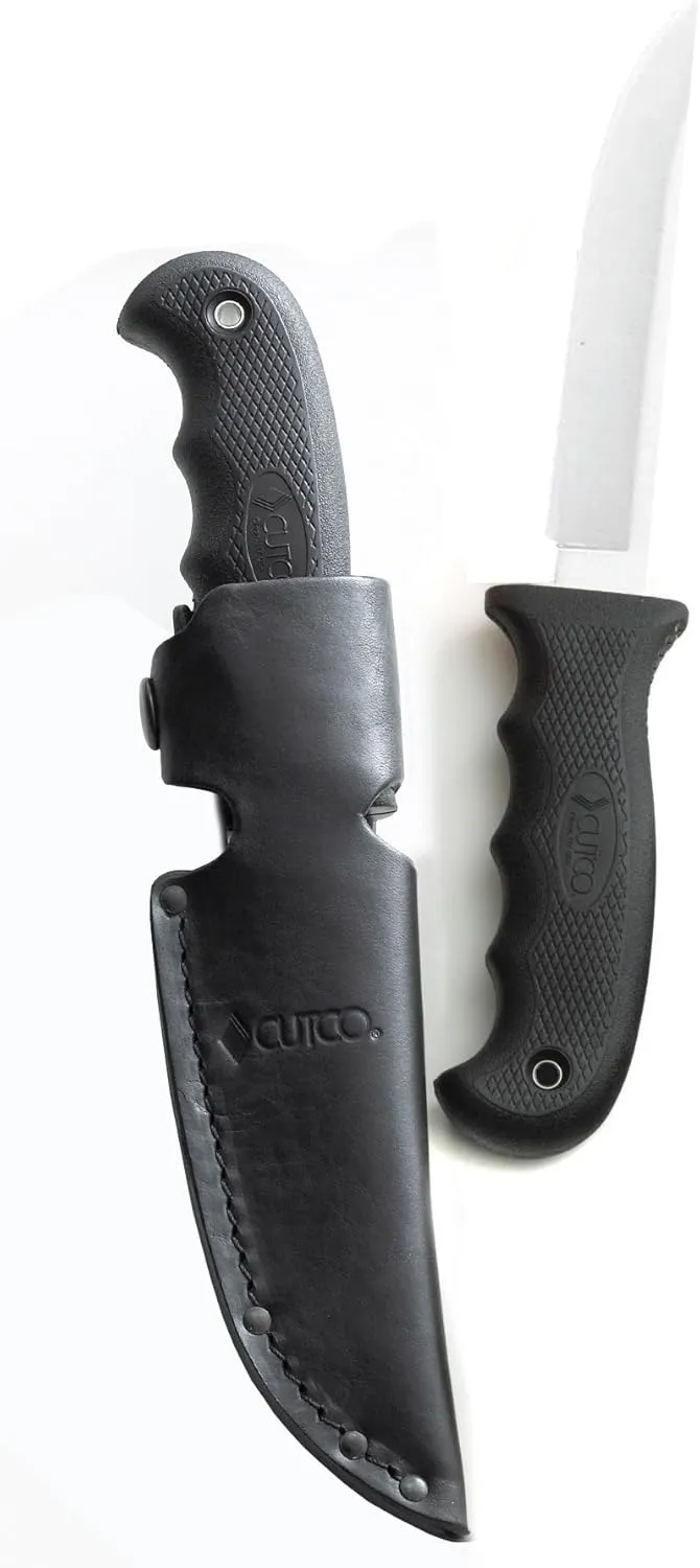 CUTCO Model 5718 Black Drop Point STRAIGHT EDGE Knife ..................4-1/2" High-Carbon Blade with 4 3/4" Kraton Handle...........Leather sheath and lanyard included.