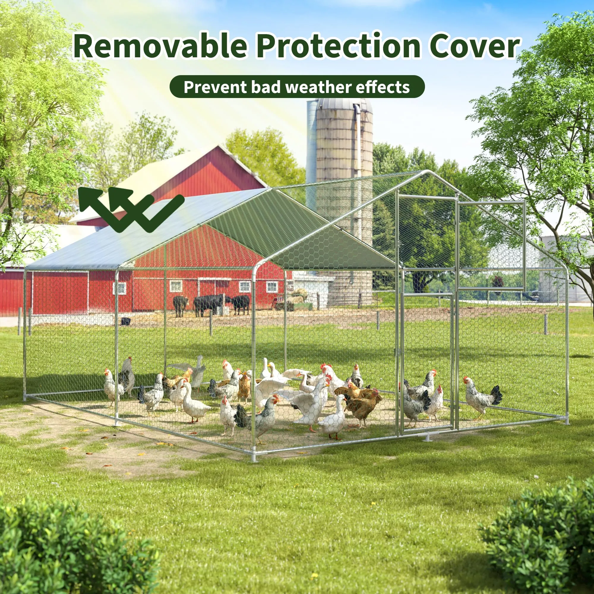 DAKITO Chicken Coop,Large Metal Chicken Run Pen,Walk in Chicken Coops for 10/40 Chickens,Double Door Chicken House with Waterproof & Anti-UV Cover for Backyard. (13.1x9.8x6.4 FT)