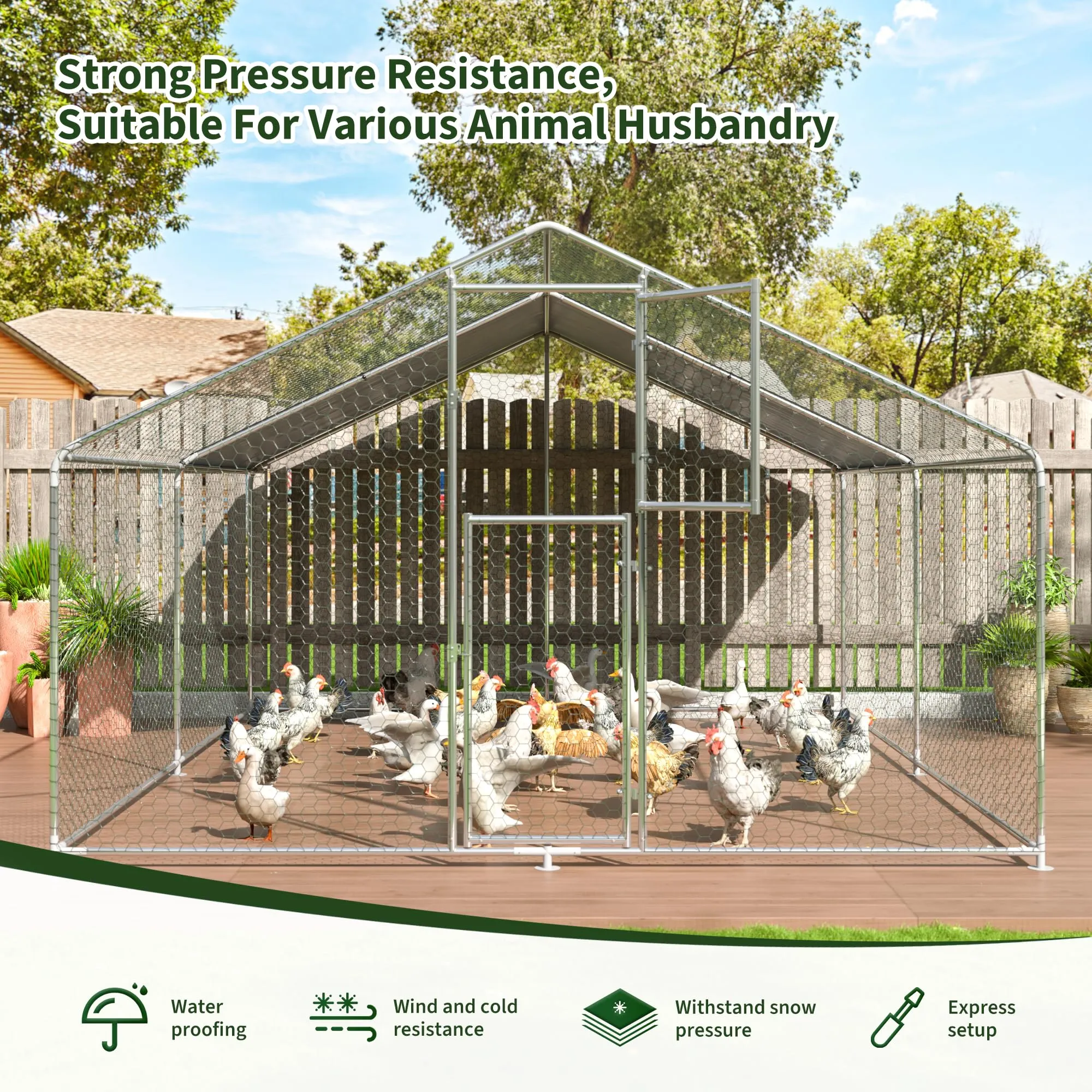 DAKITO Chicken Coop,Large Metal Chicken Run Pen,Walk in Chicken Coops for 10/40 Chickens,Double Door Chicken House with Waterproof & Anti-UV Cover for Backyard. (13.1x9.8x6.4 FT)