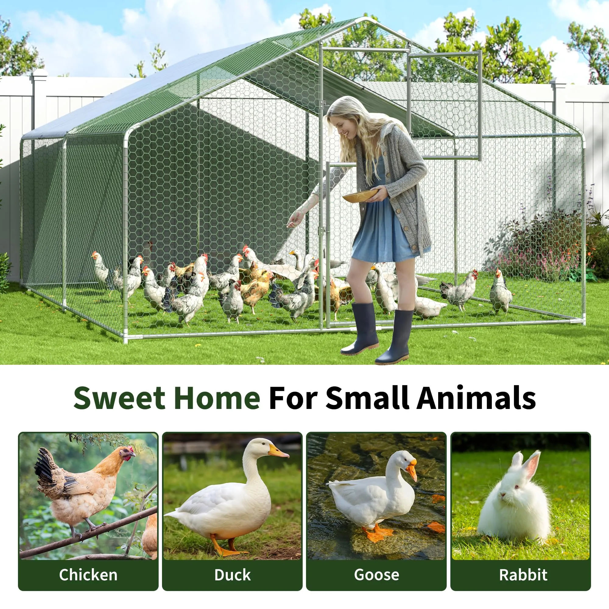 DAKITO Chicken Coop,Large Metal Chicken Run Pen,Walk in Chicken Coops for 10/40 Chickens,Double Door Chicken House with Waterproof & Anti-UV Cover for Backyard. (13.1x9.8x6.4 FT)